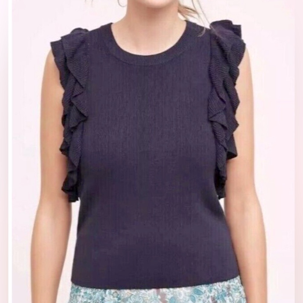 Anthropologie Navy Knitted & Knotted
Ruffle Sleeve Sweater Size S - Picture 3 of 14
